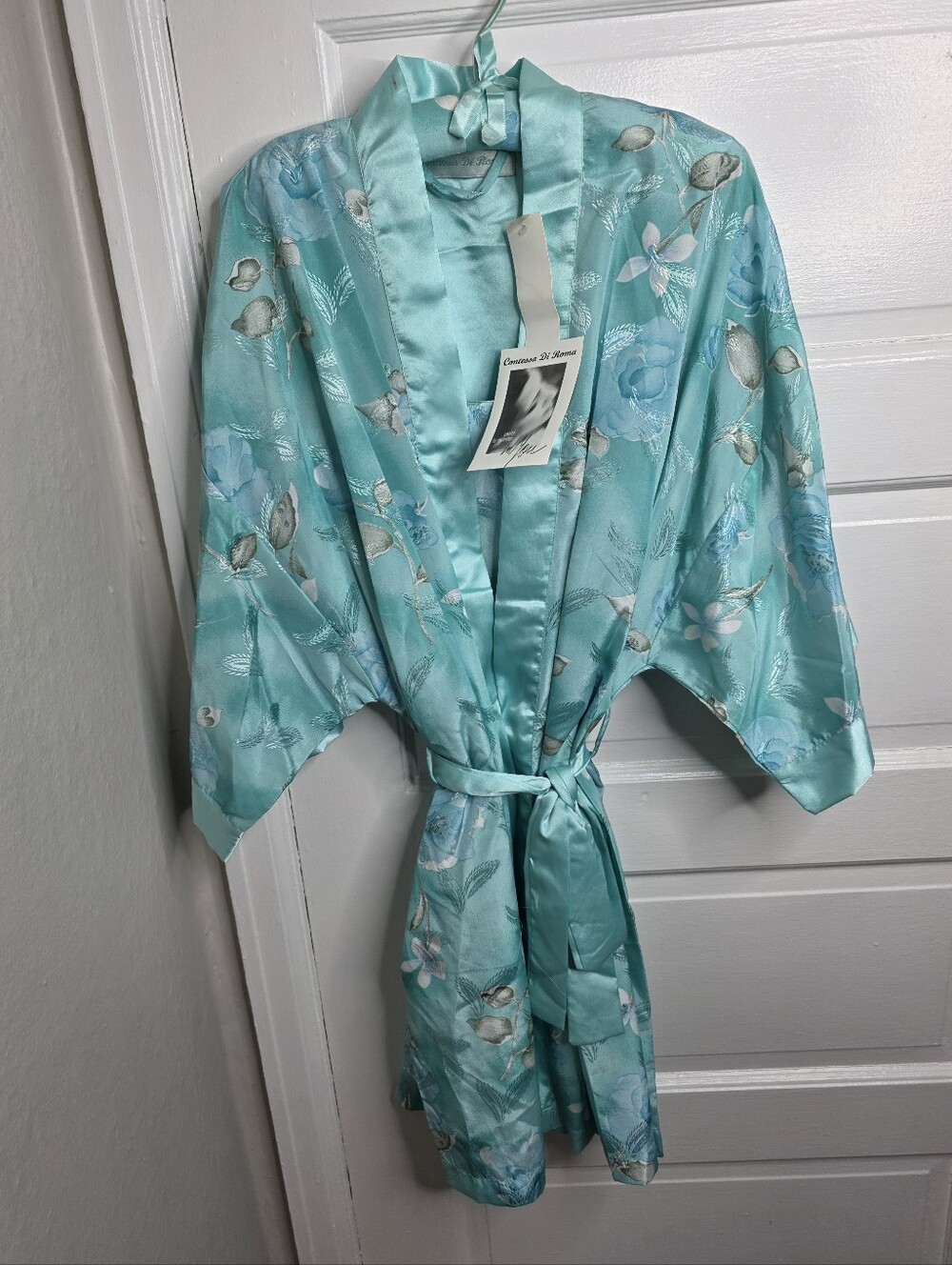 Vintage NWT Contessa di Roma Kimono Style Satin Floral Robe And Nightgown Large